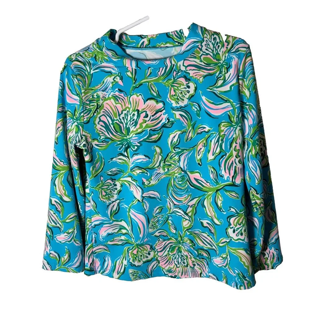 Lilly Pulitzer Rash Guard Top Girl's 8 Blue Colorful Floral Long Sleeve